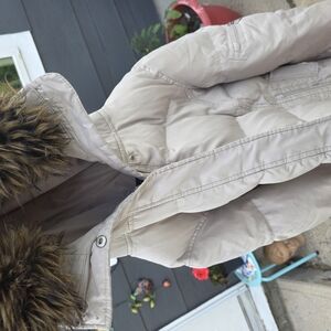 Calvin Klein Womens/juniors Beige Winter Jacket with Faux Fur Hood